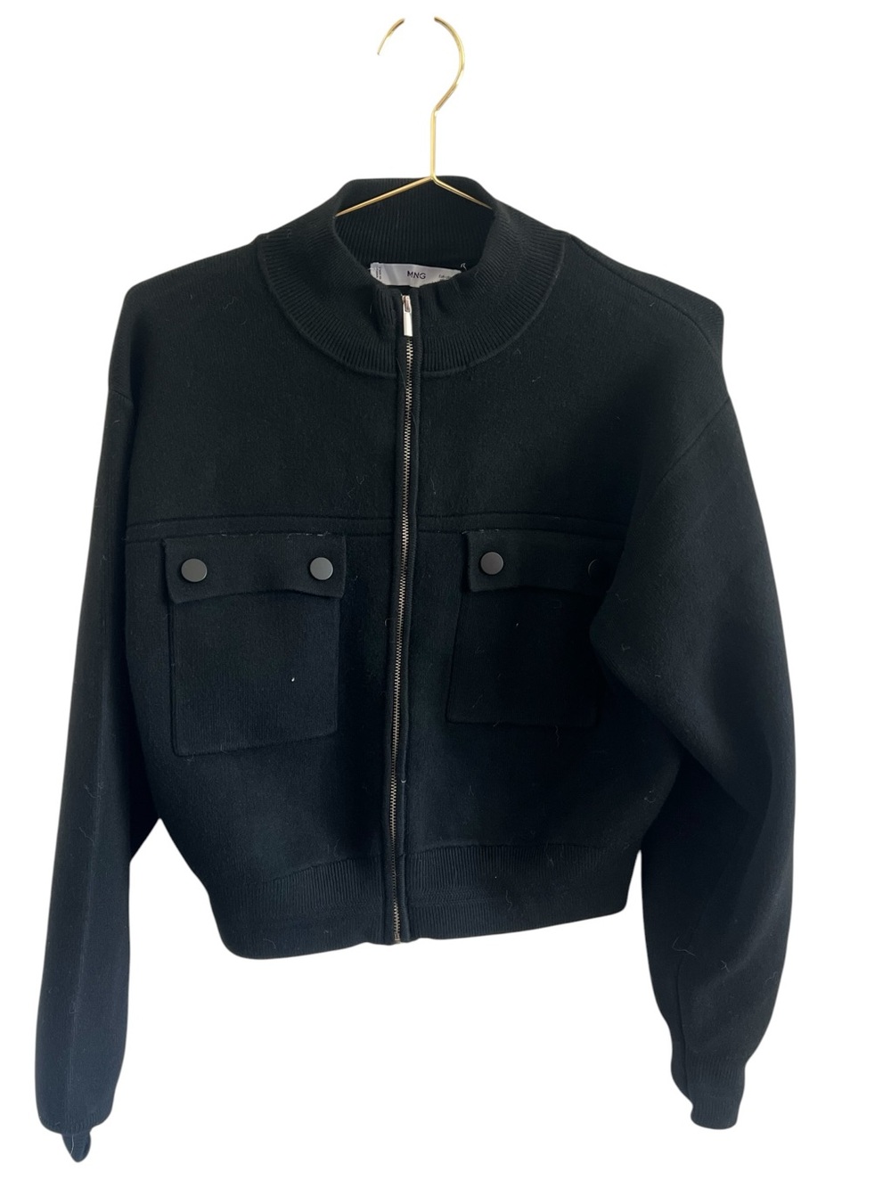Mango Cropped Black Zip-Up Bomber Jacket